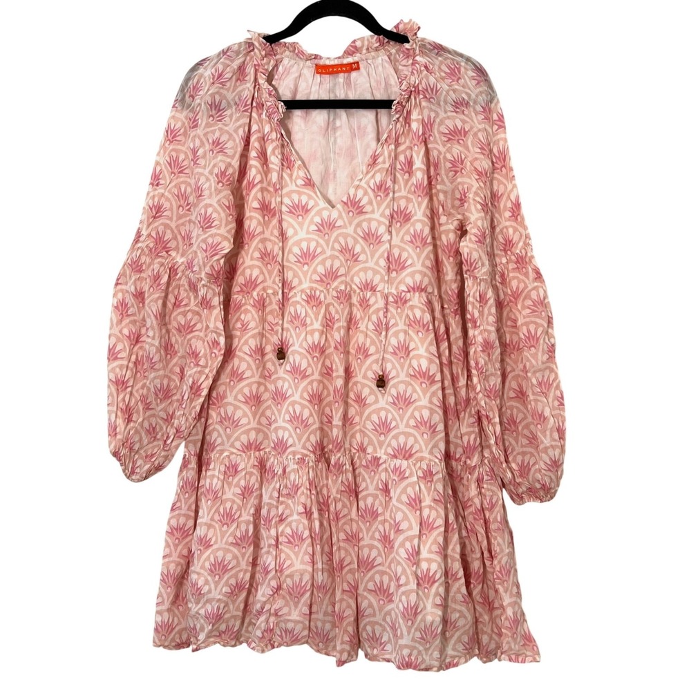 Oliphant Dress Womens M Pink White Tiered Balloon Sleeve Lightweight Boho Resort
